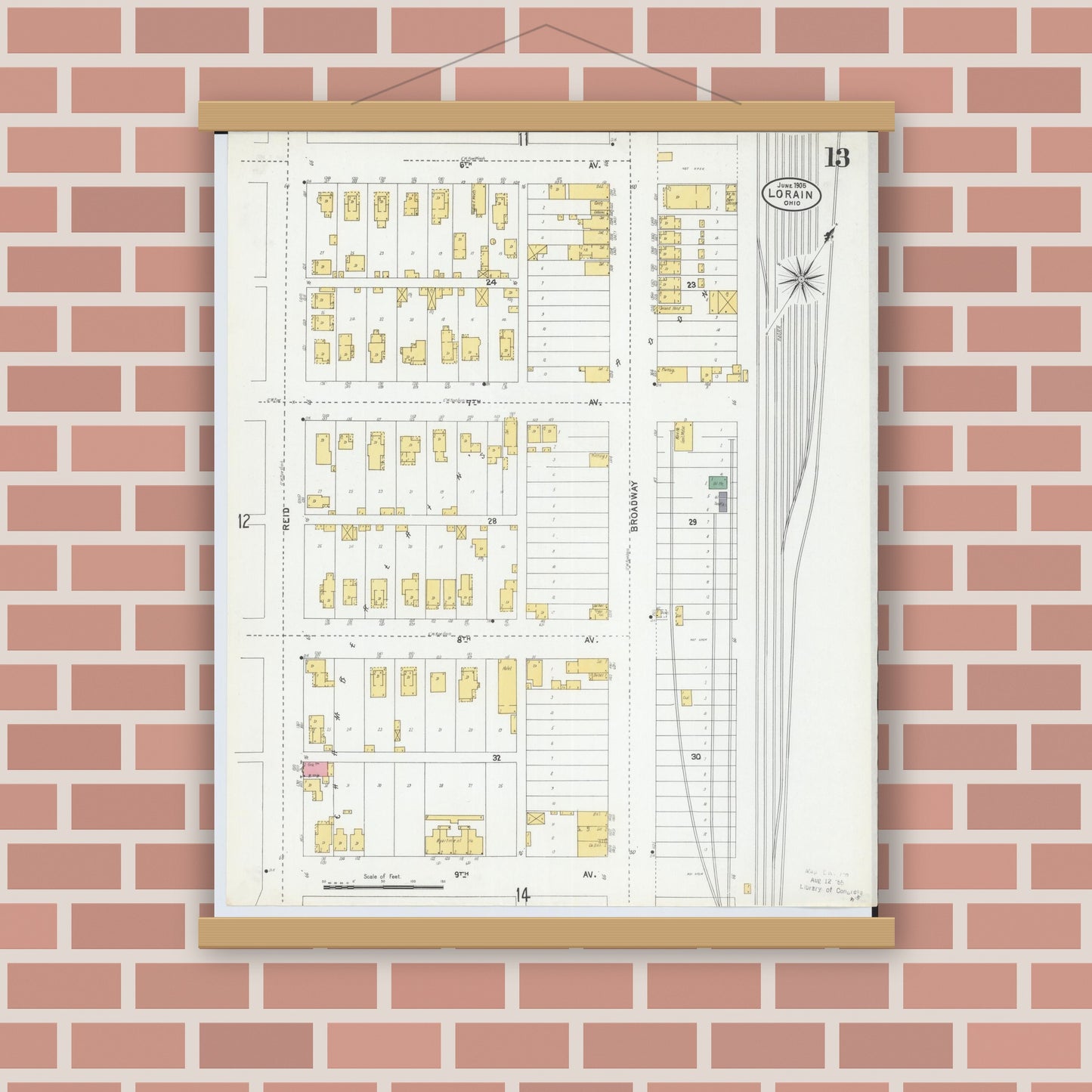 Old map wall art mockup — magnetic wood frame on brick wall — Sanborn Fire Insurance Map from Lorain, Lorain County, Ohio (1905), Sheet #0013