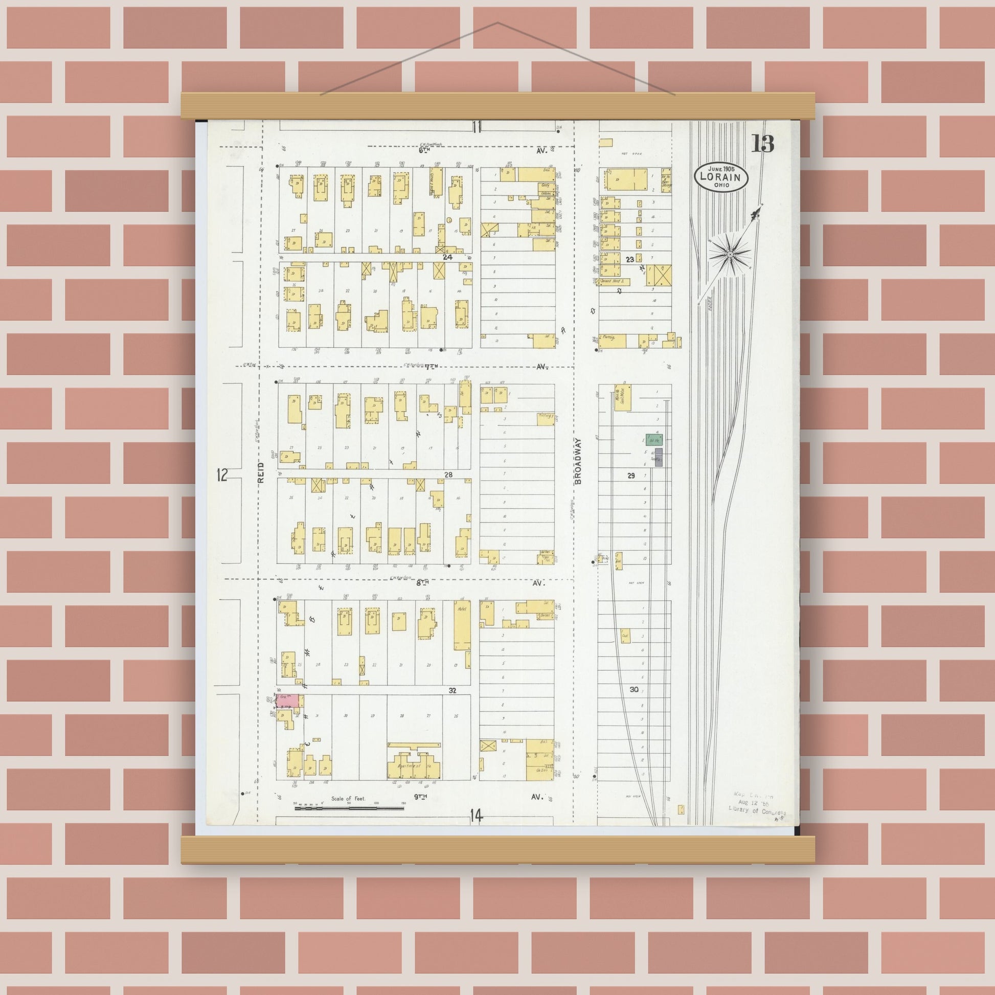 Old map wall art mockup — magnetic wood frame on brick wall — Sanborn Fire Insurance Map from Lorain, Lorain County, Ohio (1905), Sheet #0013