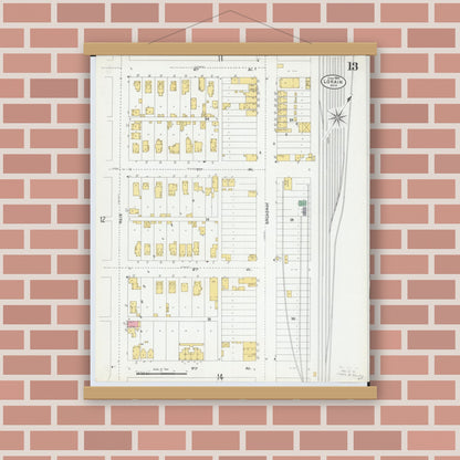Old map wall art mockup — magnetic wood frame on brick wall — Sanborn Fire Insurance Map from Lorain, Lorain County, Ohio (1905), Sheet #0013