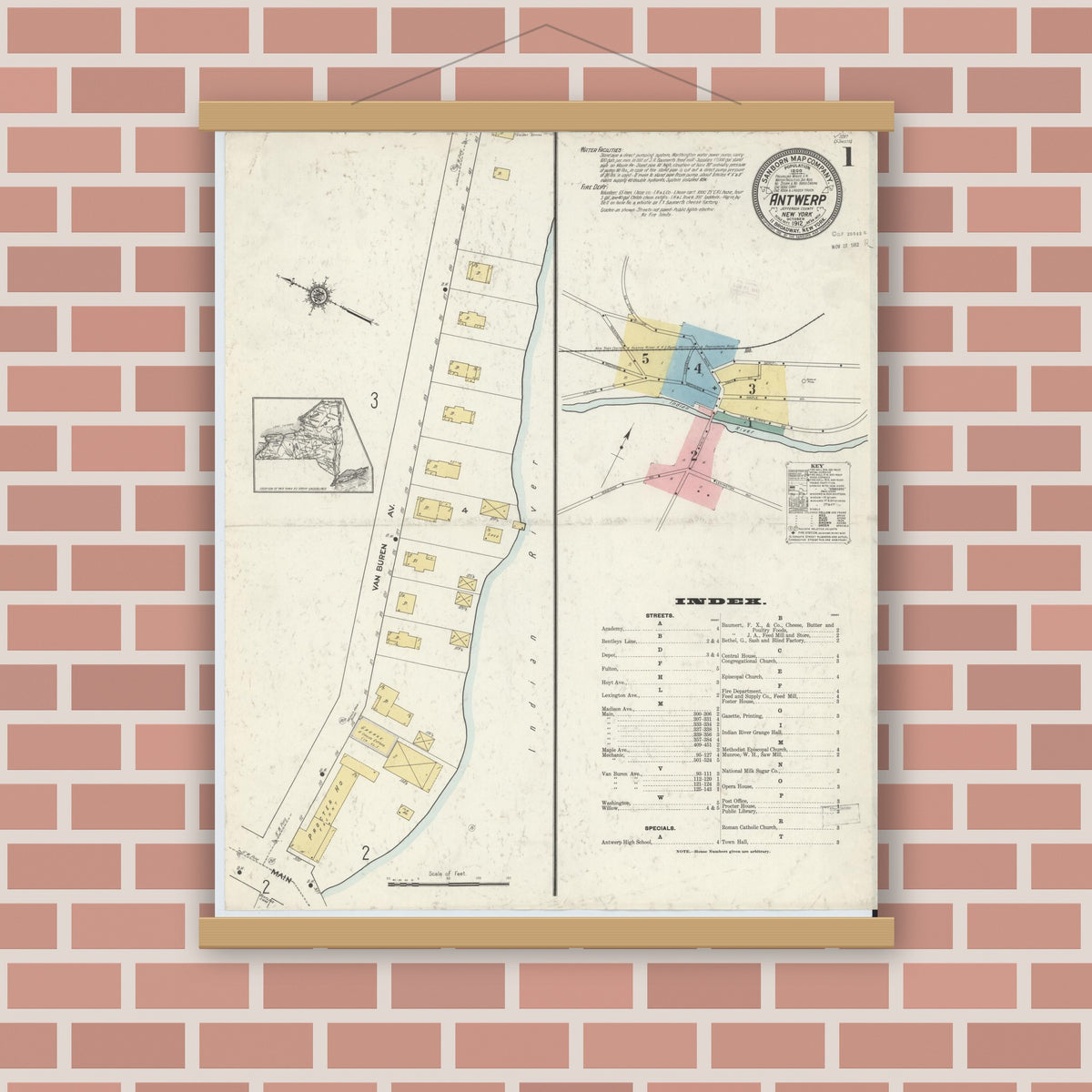 Old map wall art mockup — magnetic wood frame on brick wall — Sanborn Fire Insurance Map from Antwerp, Jefferson County, New York (1912), Sheet #0001