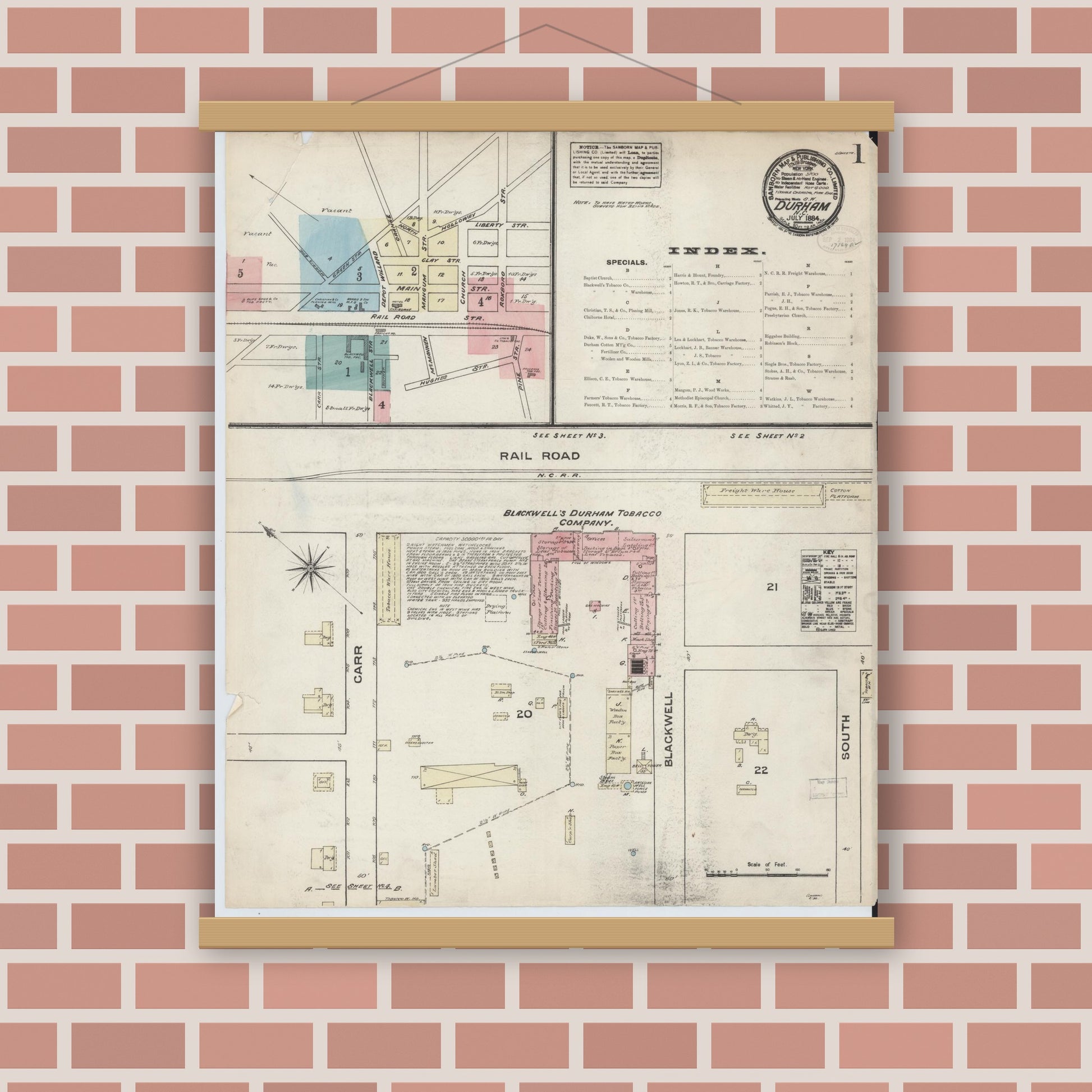 Old map wall art mockup — magnetic wood frame on brick wall — Sanborn Fire Insurance Map from Durham, Durham County, North Carolina (1884) - Complete Map Set