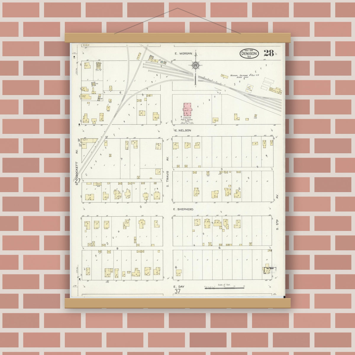 Old map wall art mockup — magnetic wood frame on brick wall — Sanborn Fire Insurance Map from Denison, Grayson County, Texas (1914), Sheet #0028
