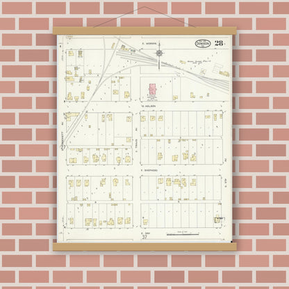 Old map wall art mockup — magnetic wood frame on brick wall — Sanborn Fire Insurance Map from Denison, Grayson County, Texas (1914), Sheet #0028