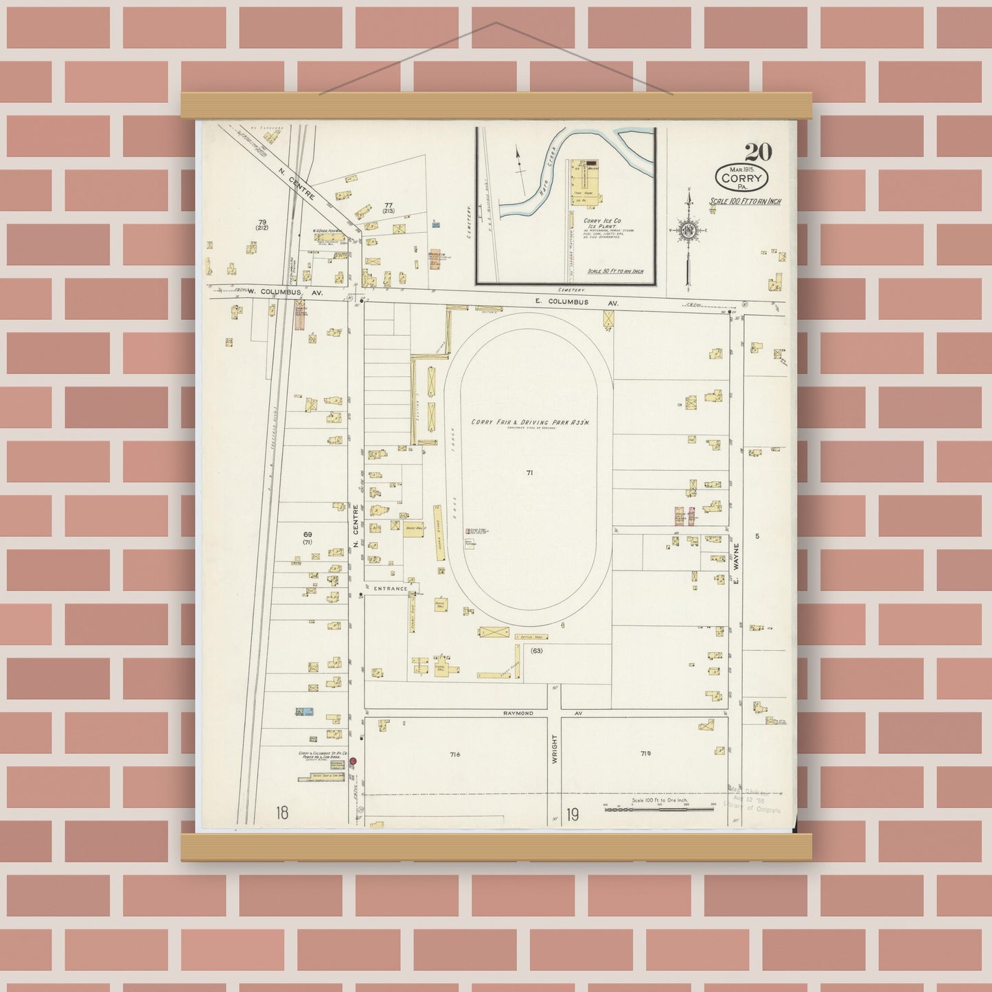 Old map wall art mockup — magnetic wood frame on brick wall — Sanborn Fire Insurance Map from Corry, Erie County, Pennsylvania (1915), Sheet #0020