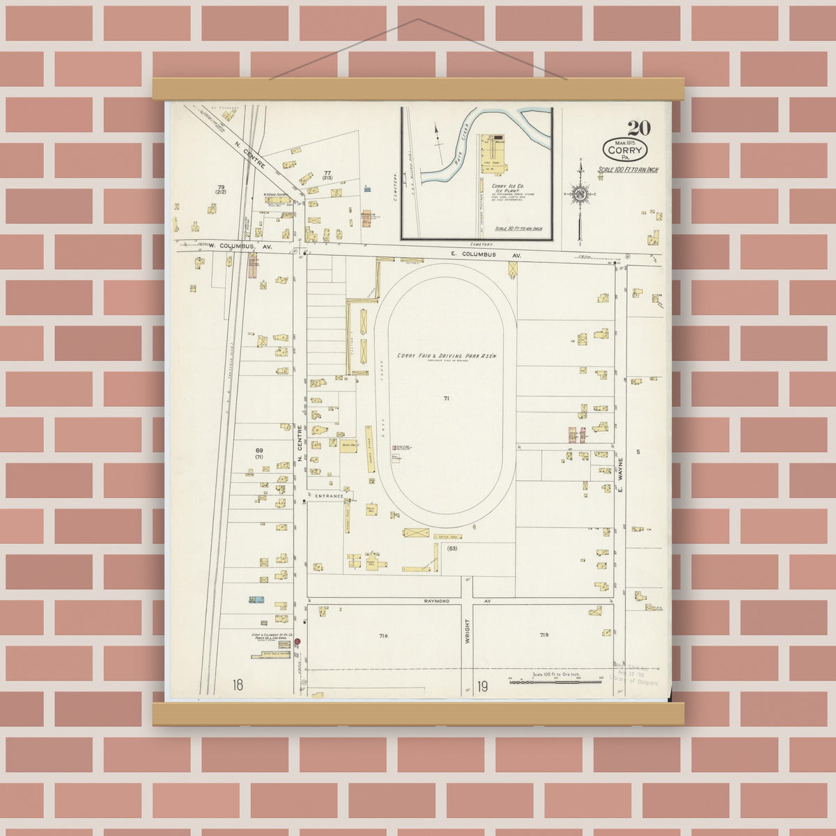 Old map wall art mockup — magnetic wood frame on brick wall — Sanborn Fire Insurance Map from Corry, Erie County, Pennsylvania (1915), Sheet #0020