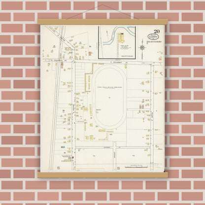 Old map wall art mockup — magnetic wood frame on brick wall — Sanborn Fire Insurance Map from Corry, Erie County, Pennsylvania (1915), Sheet #0020