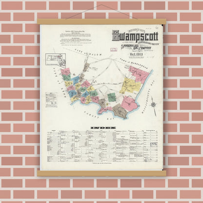 Old map wall art mockup — magnetic wood frame on brick wall — Sanborn Fire Insurance Map from Swampscott, Essex County, Massachusetts (1913) - Complete Map Set
