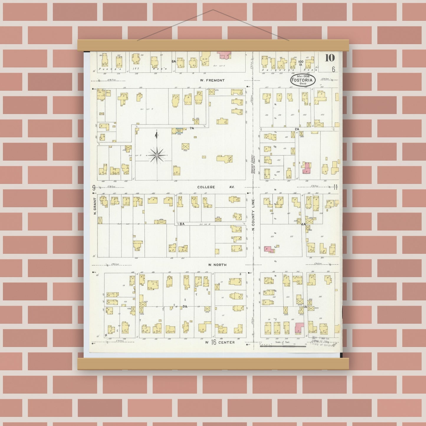 Old map wall art mockup — magnetic wood frame on brick wall — Sanborn Fire Insurance Map from Fostoria, Seneca, Hancock, And Wood Counties, Ohio (1908), Sheet #0010