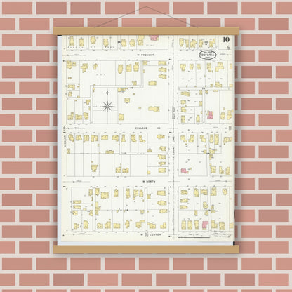Old map wall art mockup — magnetic wood frame on brick wall — Sanborn Fire Insurance Map from Fostoria, Seneca, Hancock, And Wood Counties, Ohio (1908), Sheet #0010