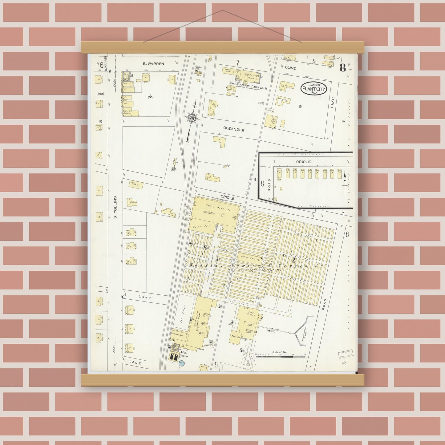 Old map wall art mockup — magnetic wood frame on brick wall — Sanborn Fire Insurance Map from Plant City, Hillborough County, Florida (1914), Sheet #0008