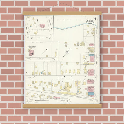 Old map wall art mockup — magnetic wood frame on brick wall — Sanborn Fire Insurance Map from Belvidere, Boone County, Illinois (1912), Sheet #0004