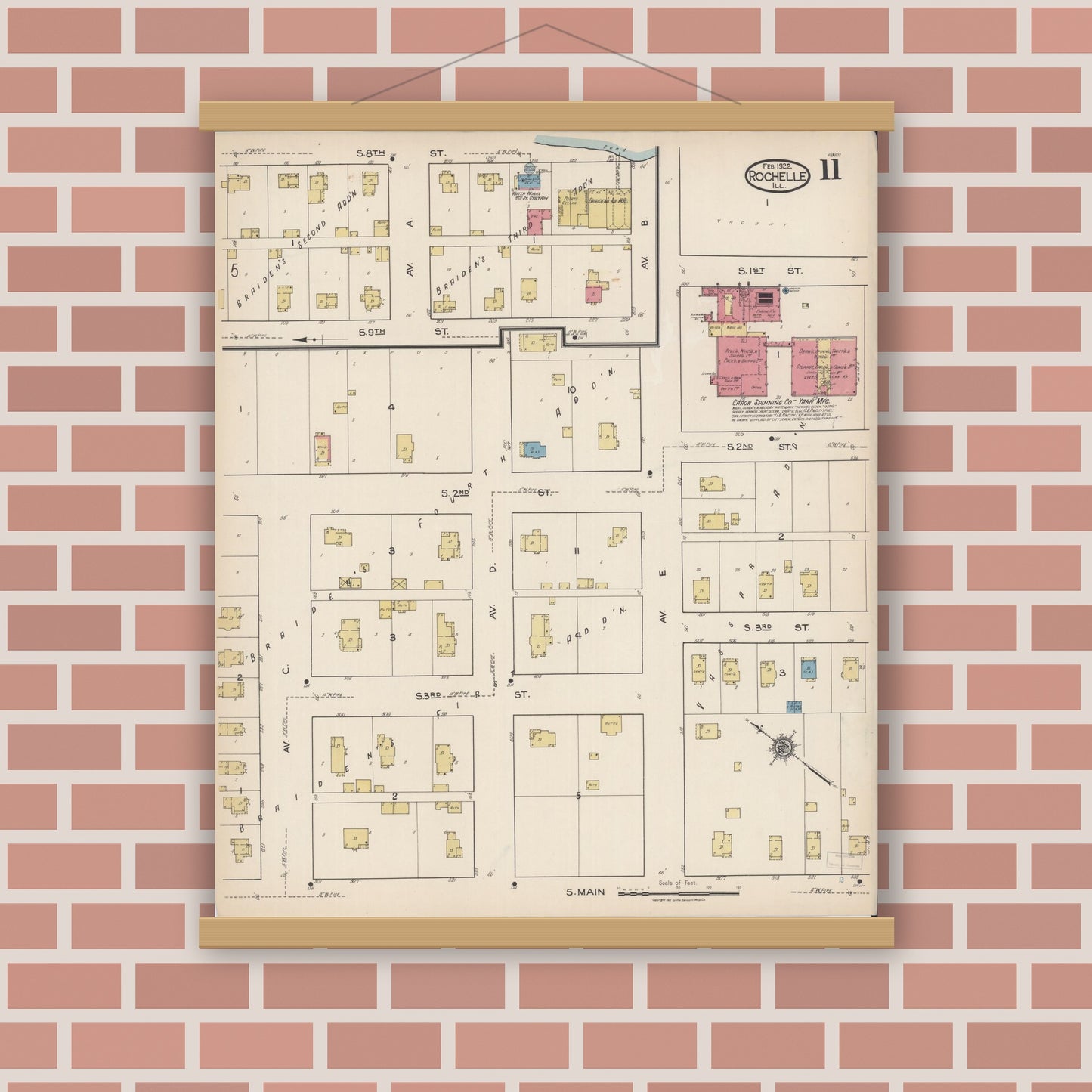 Old map wall art mockup — magnetic wood frame on brick wall — Sanborn Fire Insurance Map from Rochelle, Ogle County, Illinois (1922), Sheet #0011