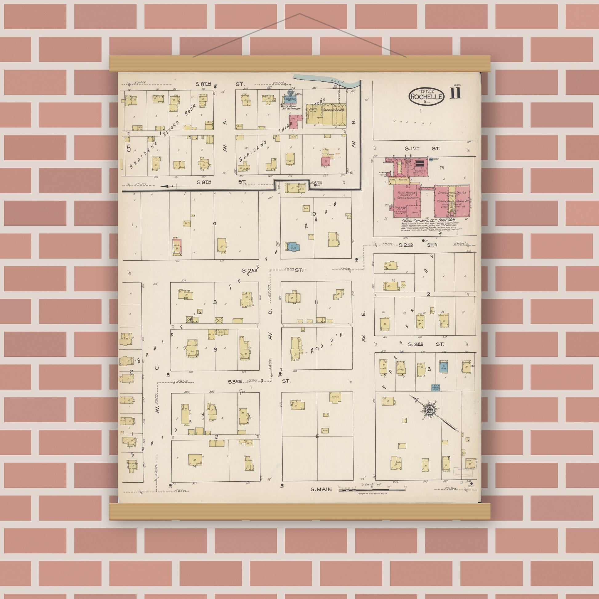 Old map wall art mockup — magnetic wood frame on brick wall — Sanborn Fire Insurance Map from Rochelle, Ogle County, Illinois (1922), Sheet #0011