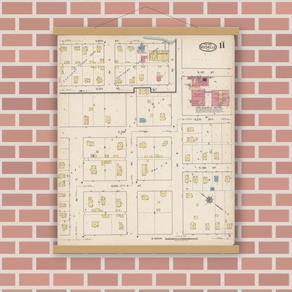 Old map wall art mockup — magnetic wood frame on brick wall — Sanborn Fire Insurance Map from Rochelle, Ogle County, Illinois (1922), Sheet #0011