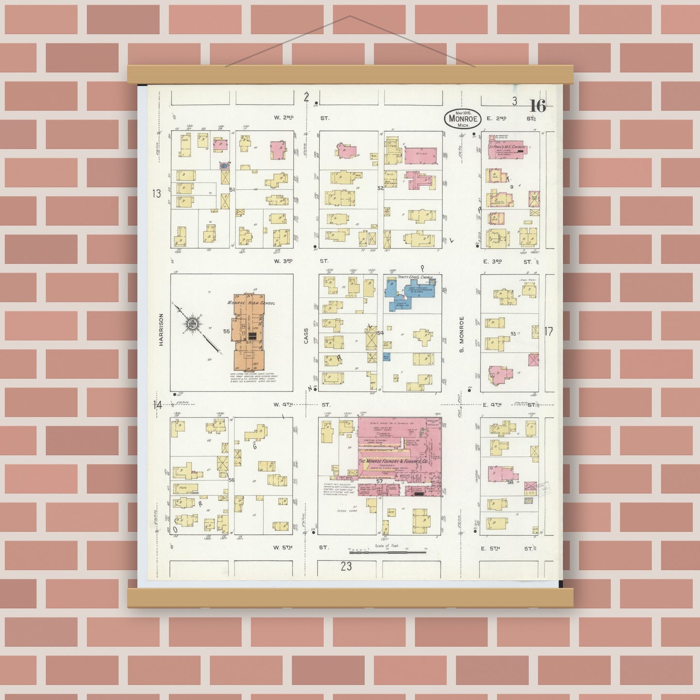 Old map wall art mockup — magnetic wood frame on brick wall — Sanborn Fire Insurance Map from Monroe, Monroe County, Michigan (1916), Sheet #0016