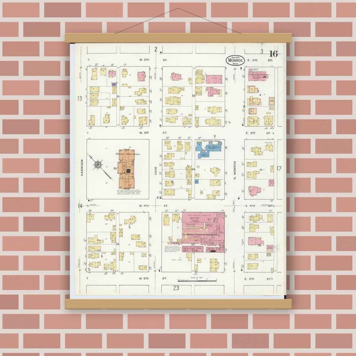 Old map wall art mockup — magnetic wood frame on brick wall — Sanborn Fire Insurance Map from Monroe, Monroe County, Michigan (1916), Sheet #0016