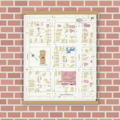Old map wall art mockup — magnetic wood frame on brick wall — Sanborn Fire Insurance Map from Monroe, Monroe County, Michigan (1916), Sheet #0016
