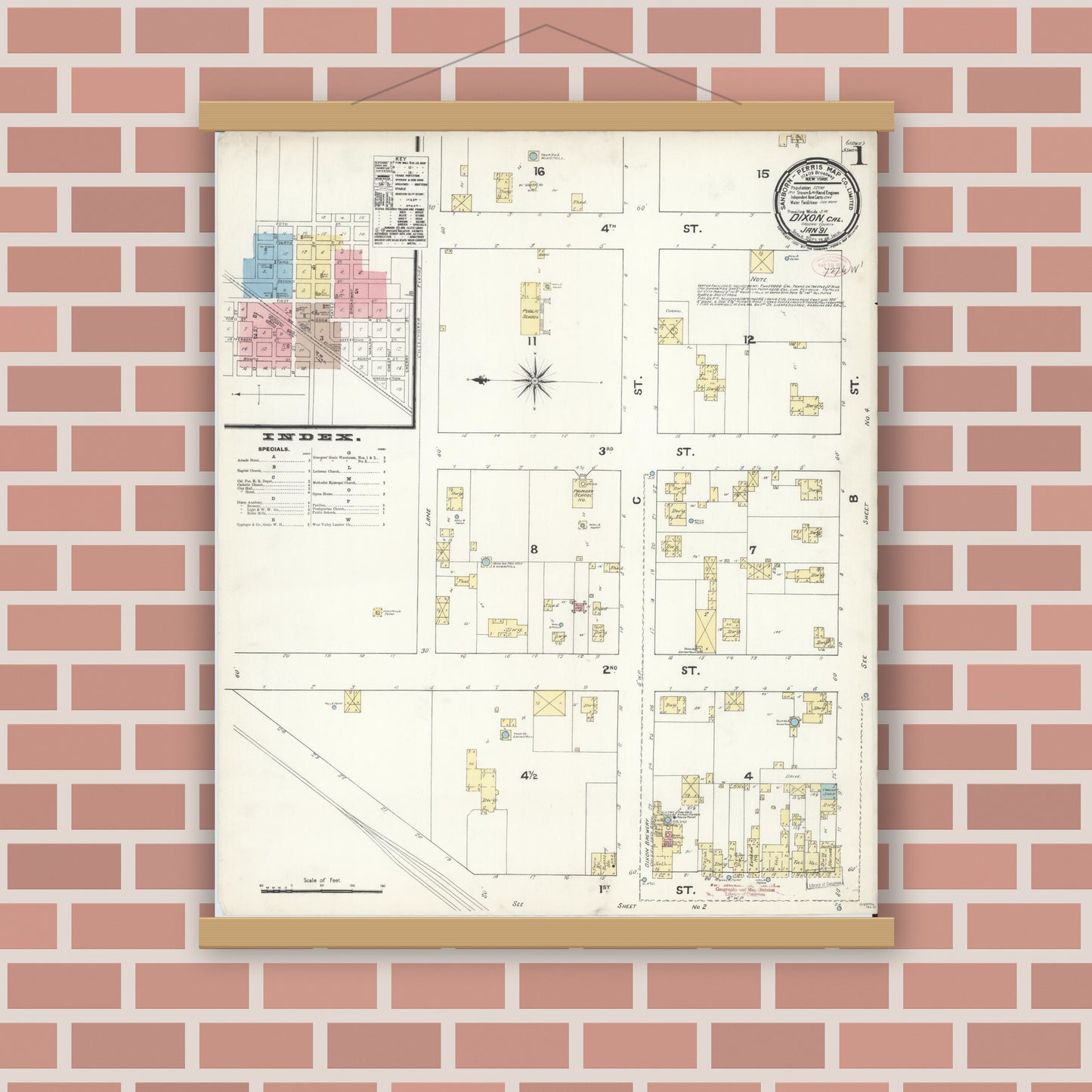 Old map wall art mockup — magnetic wood frame on brick wall — Sanborn Fire Insurance Map from Dixon, Solano County, California (1891) - Complete Map Set