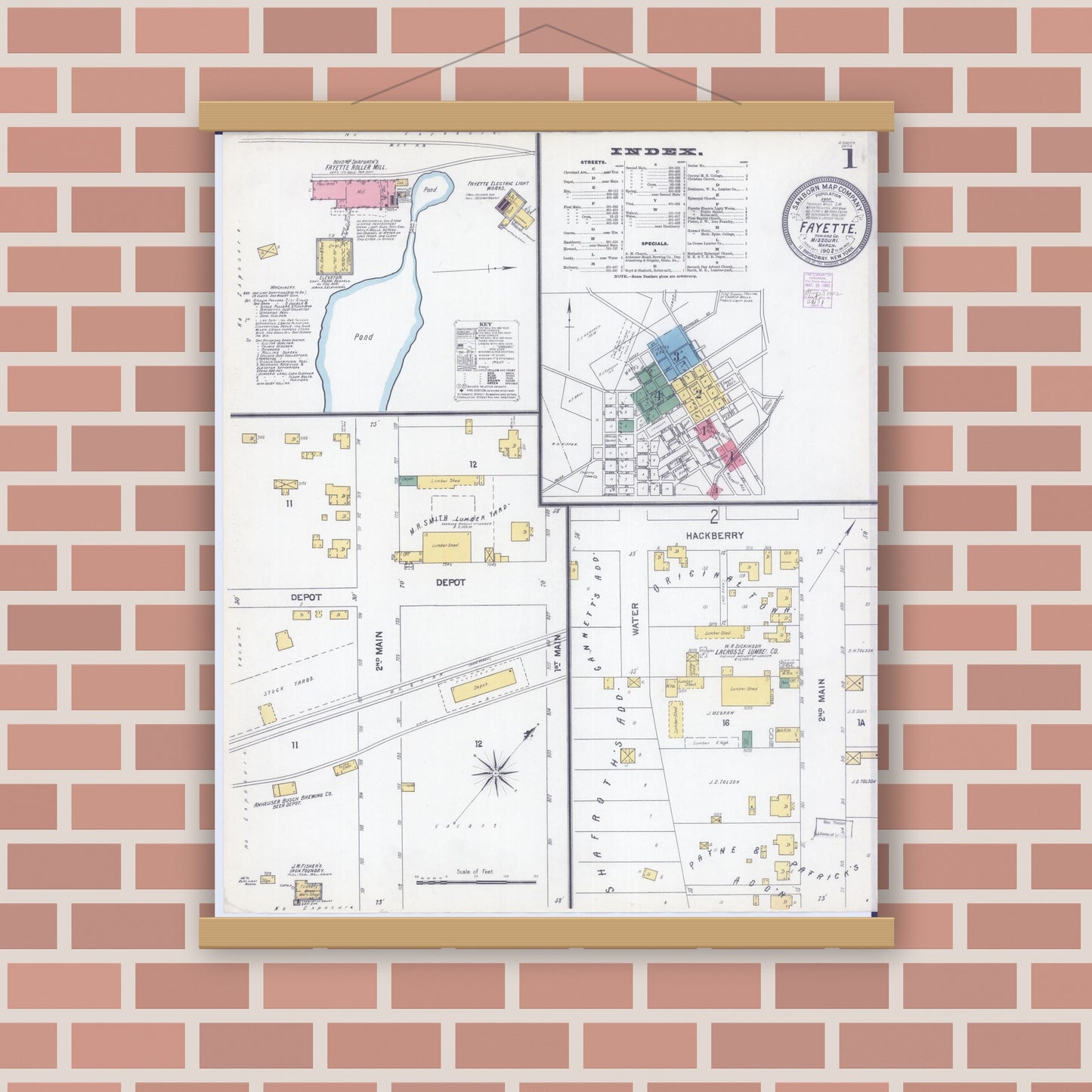 Old map wall art mockup — magnetic wood frame on brick wall — Sanborn Fire Insurance Map from Fayette, Howard County, Missouri (1902) - Complete Map Set
