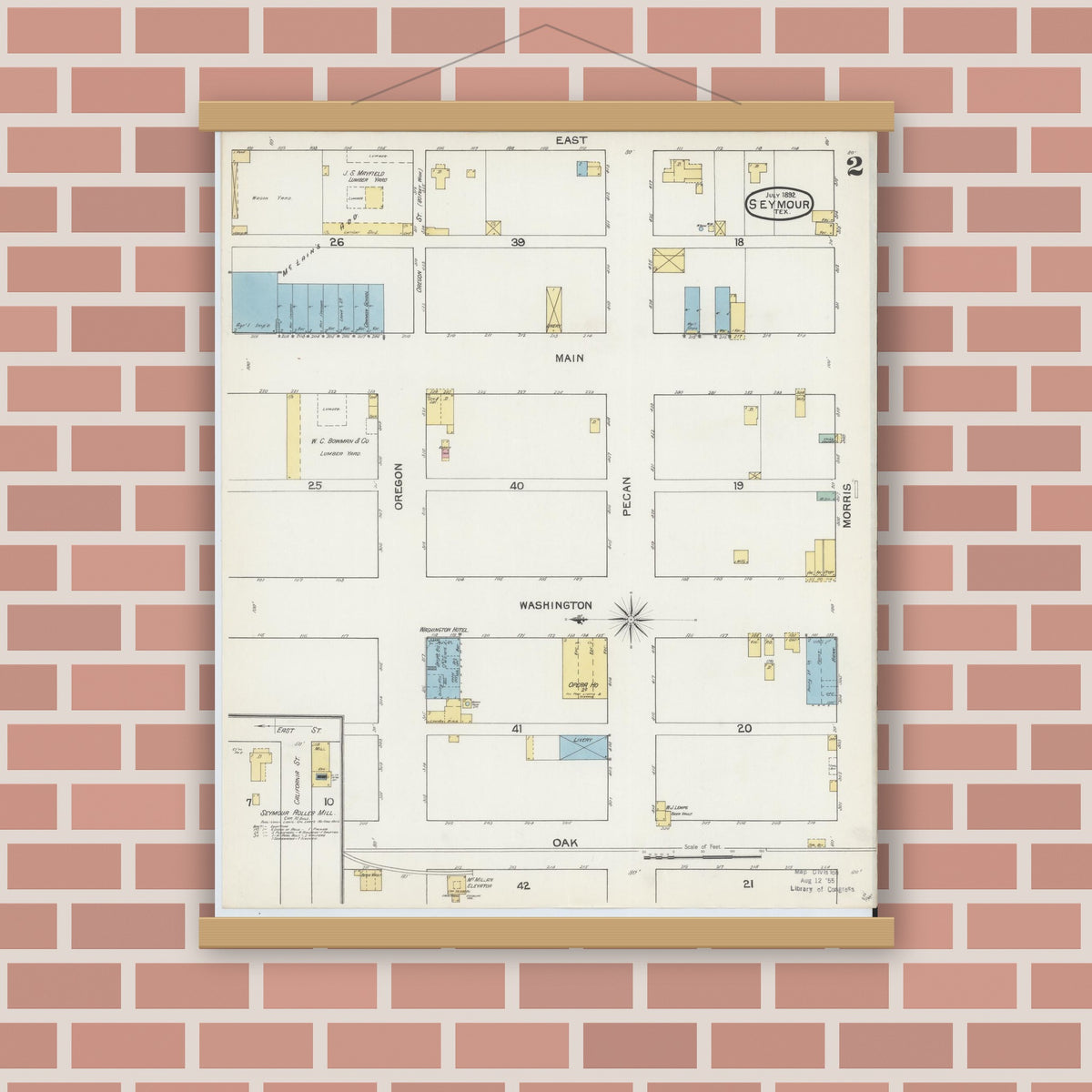 Old map wall art mockup — magnetic wood frame on brick wall — Sanborn Fire Insurance Map from Seymour, Baylor County, Texas (1892), Sheet #0002