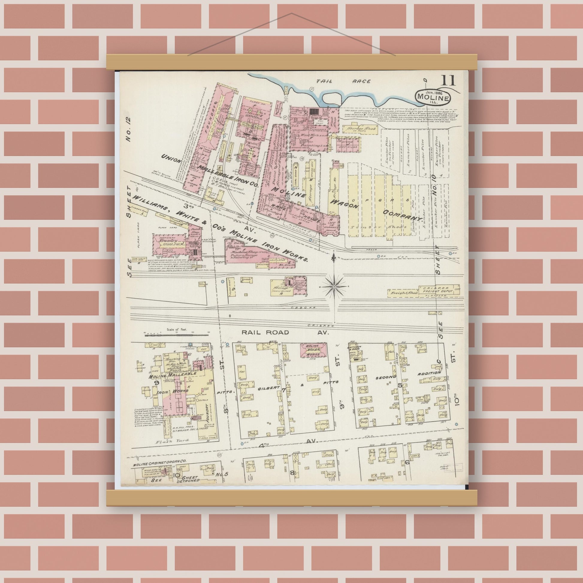 Old map wall art mockup — magnetic wood frame on brick wall — Sanborn Fire Insurance Map from Moline, Rock Island County, Illinois (1886), Sheet #0011