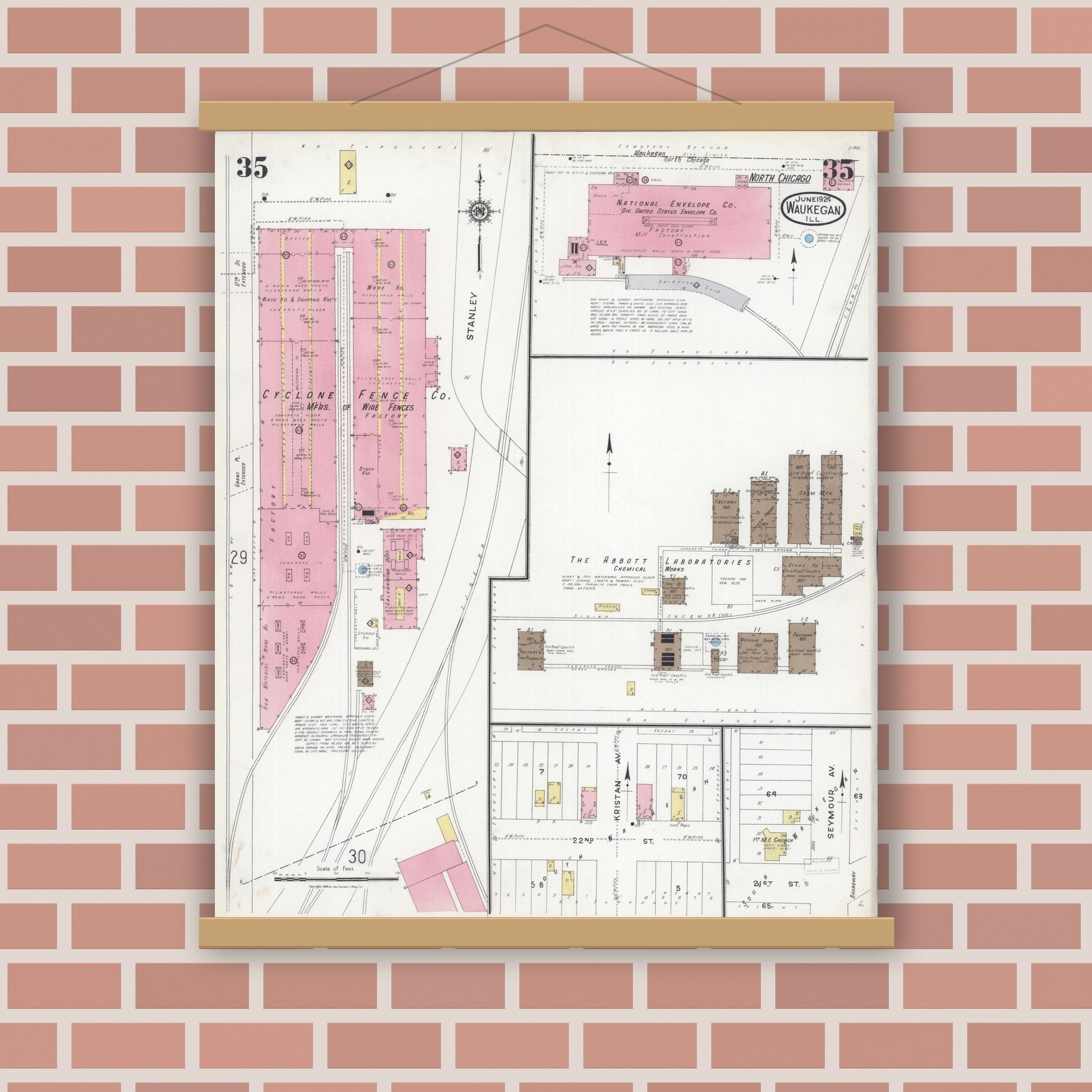 Old map wall art mockup — magnetic wood frame on brick wall — Sanborn Fire Insurance Map from Waukegan, Lake County, Illinois (1924), Sheet #0035