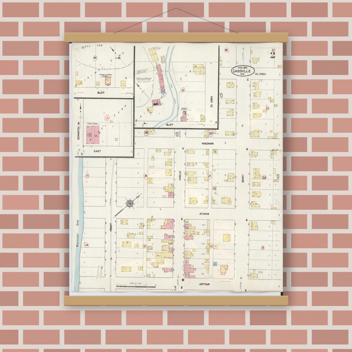 Old map wall art mockup — magnetic wood frame on brick wall — Sanborn Fire Insurance Map from Cassville, Grant County, Wisconsin (1932), Sheet #0002