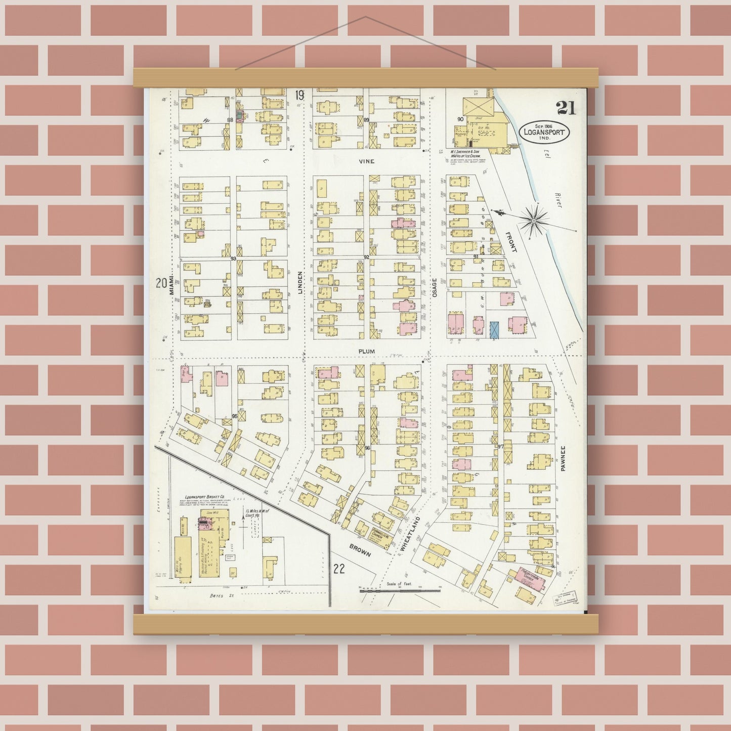 Old map wall art mockup — magnetic wood frame on brick wall — Sanborn Fire Insurance Map from Logansport, Cass County, Indiana (1906), Sheet #0021