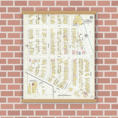 Old map wall art mockup — magnetic wood frame on brick wall — Sanborn Fire Insurance Map from Logansport, Cass County, Indiana (1906), Sheet #0021