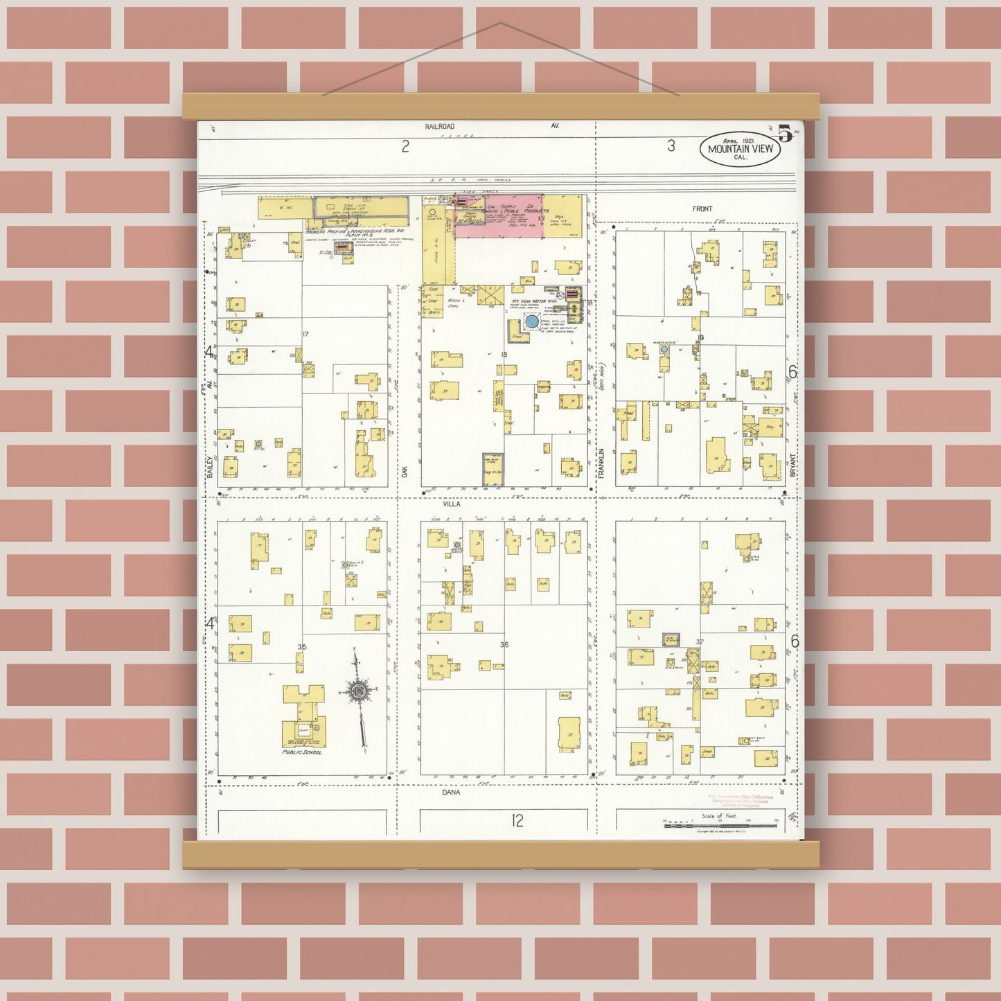 Old map wall art mockup — magnetic wood frame on brick wall — Sanborn Fire Insurance Map from Mountain View, Santa Clara County, California (1921), Sheet #0005
