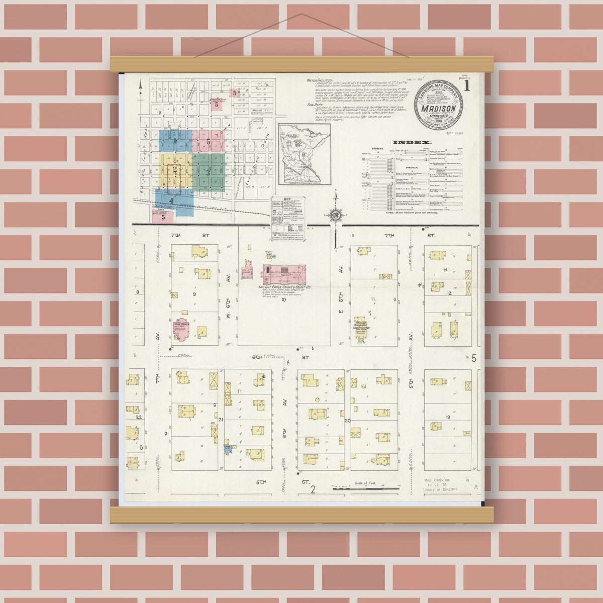 Old map wall art mockup — magnetic wood frame on brick wall — Sanborn Fire Insurance Map from Madison, Lac Qui Parle County, Minnesota (1913), Sheet #0001