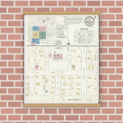 Old map wall art mockup — magnetic wood frame on brick wall — Sanborn Fire Insurance Map from Madison, Lac Qui Parle County, Minnesota (1913), Sheet #0001