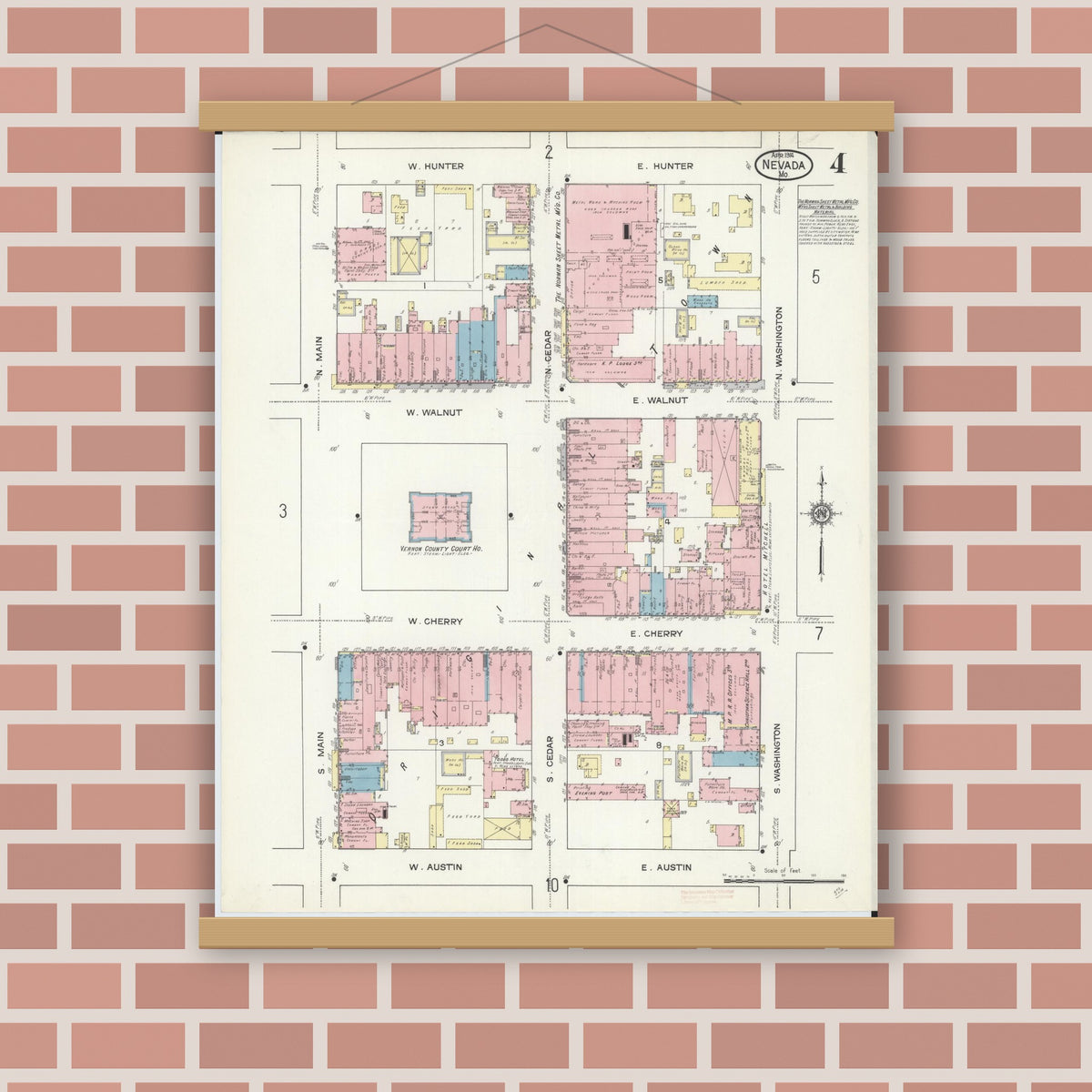 Old map wall art mockup — magnetic wood frame on brick wall — Sanborn Fire Insurance Map from Nevada, Vernon County, Missouri (1914), Sheet #0004