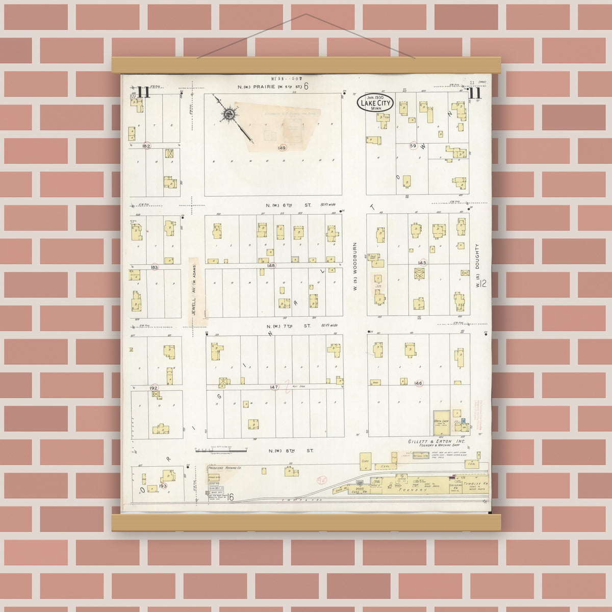 Old map wall art mockup — magnetic wood frame on brick wall — Sanborn Fire Insurance Map from Lake City, Wabasha County, Minnesota (1938), Sheet #0011