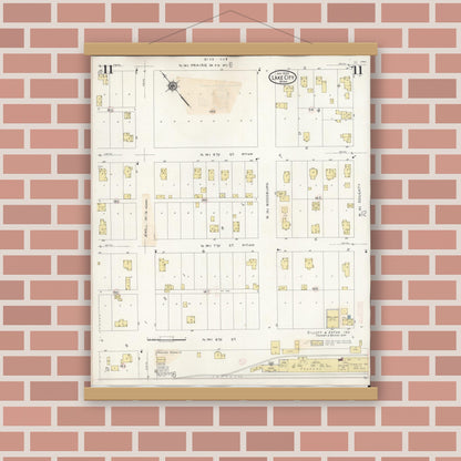 Old map wall art mockup — magnetic wood frame on brick wall — Sanborn Fire Insurance Map from Lake City, Wabasha County, Minnesota (1938), Sheet #0011
