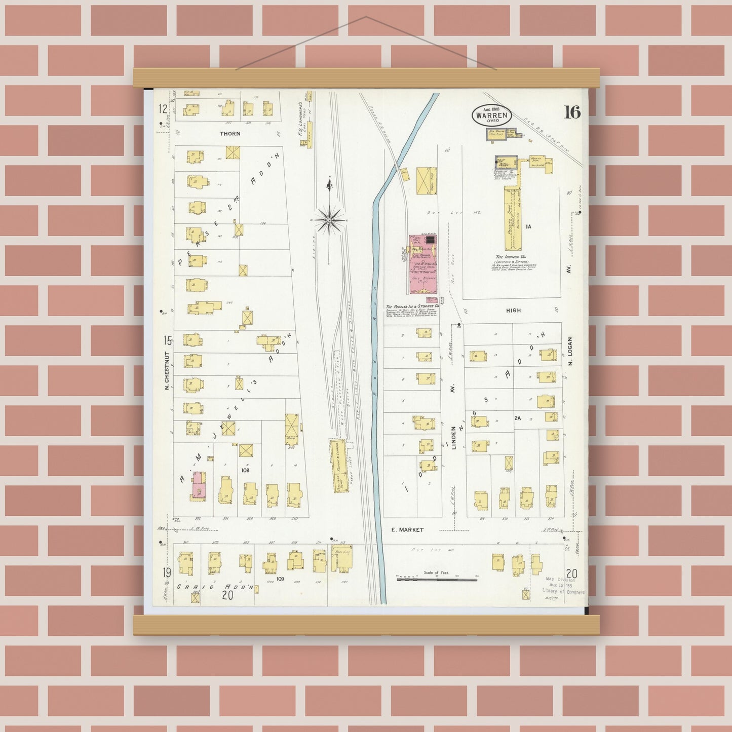 Old map wall art mockup — magnetic wood frame on brick wall — Sanborn Fire Insurance Map from Warren, Trumbull County, Ohio (1908), Sheet #0016