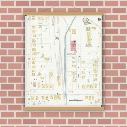 Old map wall art mockup — magnetic wood frame on brick wall — Sanborn Fire Insurance Map from Warren, Trumbull County, Ohio (1908), Sheet #0016
