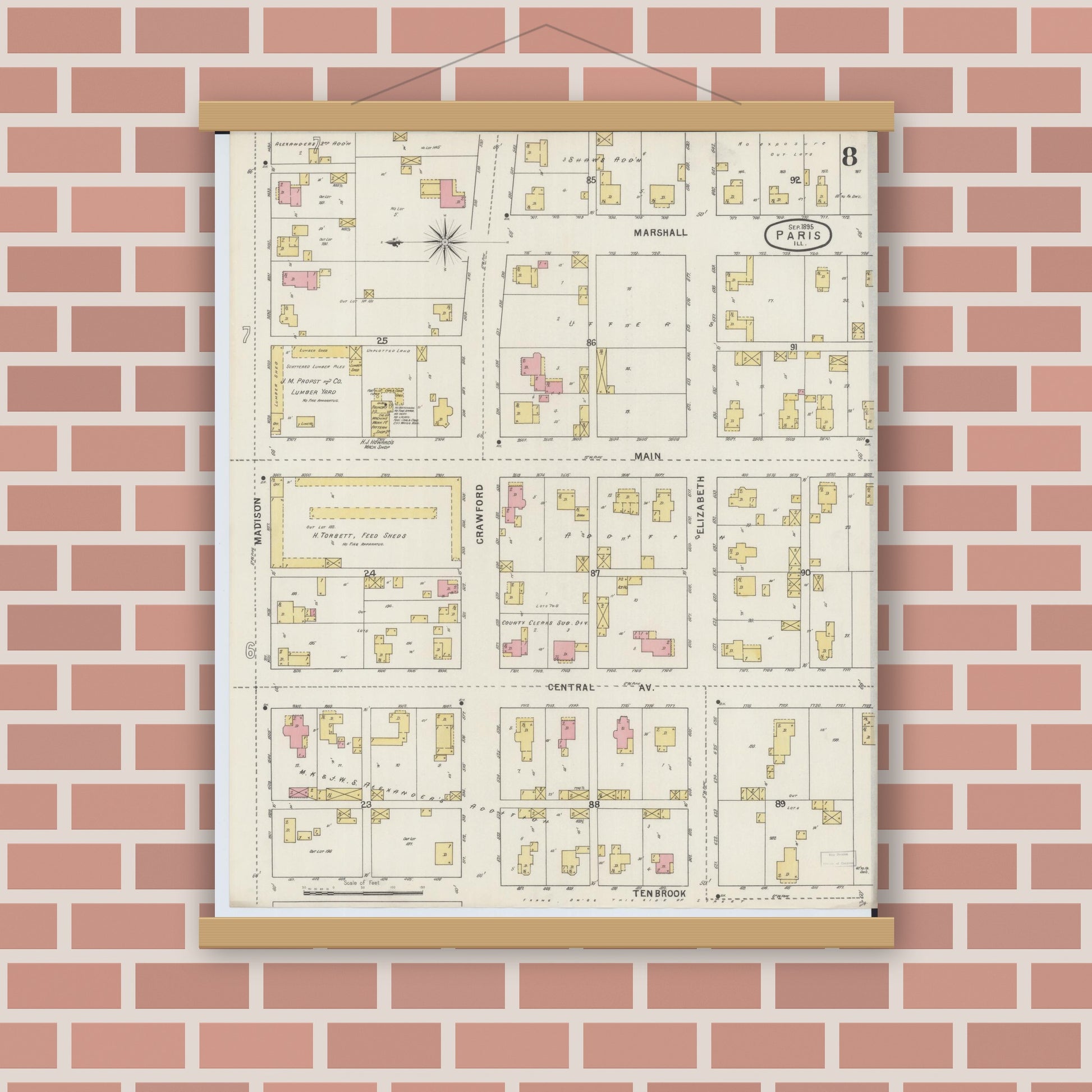 Old map wall art mockup — magnetic wood frame on brick wall — Sanborn Fire Insurance Map from Paris, Edgar County, Illinois (1895), Sheet #0008