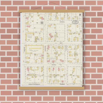 Old map wall art mockup — magnetic wood frame on brick wall — Sanborn Fire Insurance Map from Paris, Edgar County, Illinois (1895), Sheet #0008