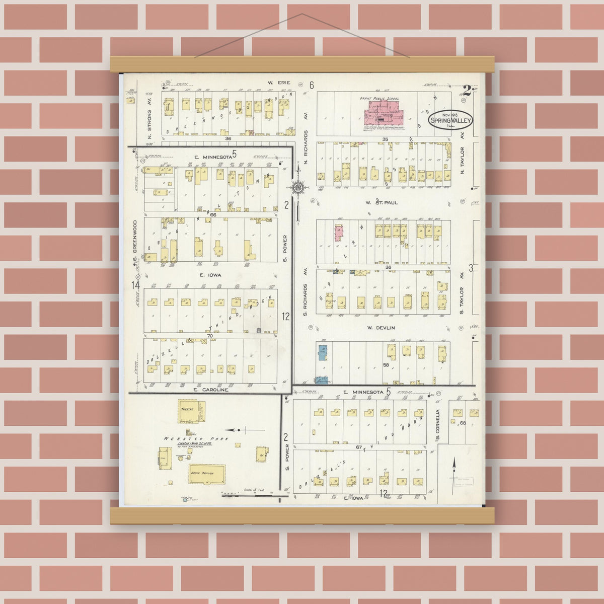 Old map wall art mockup — magnetic wood frame on brick wall — Sanborn Fire Insurance Map from Spring Valley, Bureau County, Illinois (1913), Sheet #0002