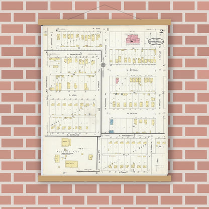 Old map wall art mockup — magnetic wood frame on brick wall — Sanborn Fire Insurance Map from Spring Valley, Bureau County, Illinois (1913), Sheet #0002