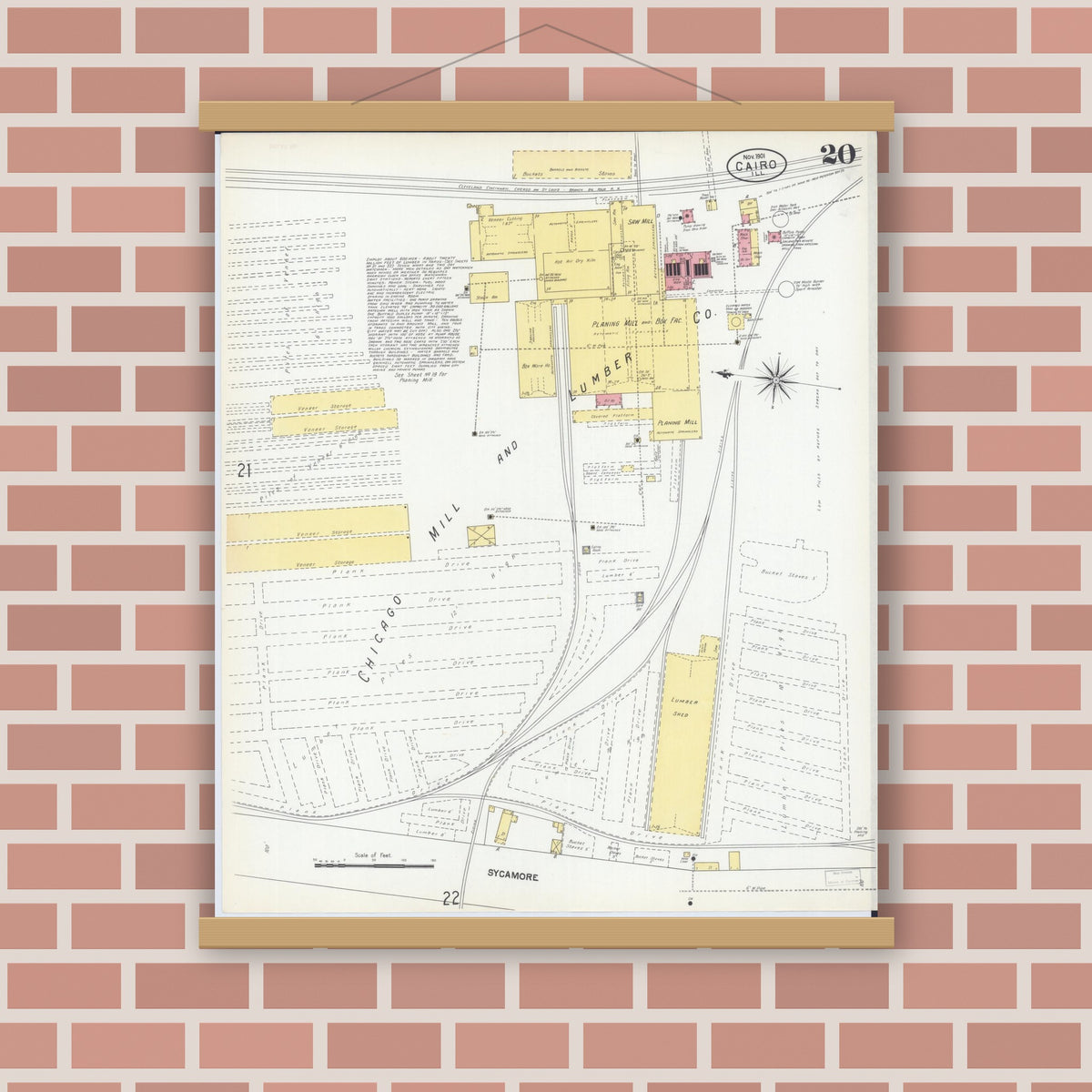 Old map wall art mockup — magnetic wood frame on brick wall — Sanborn Fire Insurance Map from Cairo, Alexander County, Illinois (1901), Sheet #0020