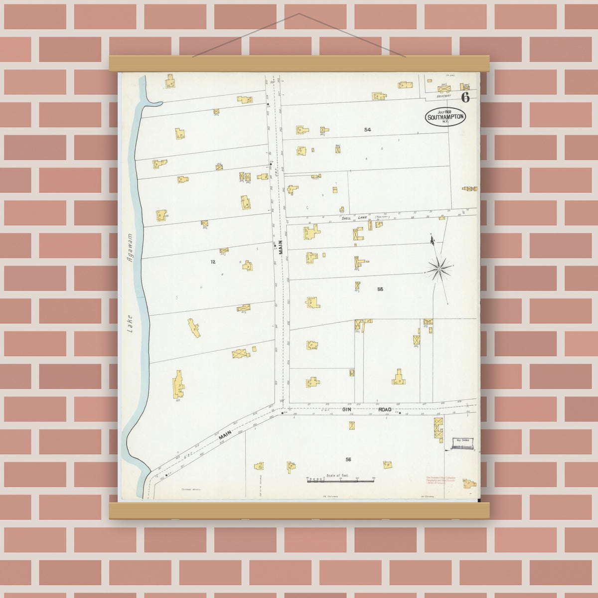 Old map wall art mockup — magnetic wood frame on brick wall — Sanborn Fire Insurance Map from Southampton, Suffolk County, New York (1902), Sheet #0006