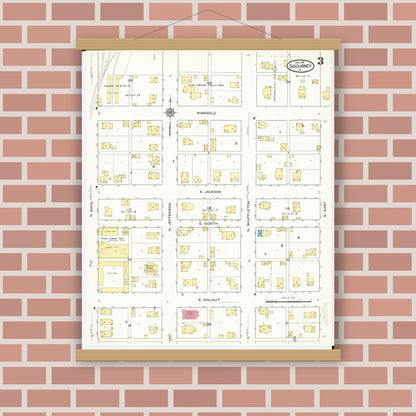 Old map wall art mockup — magnetic wood frame on brick wall — Sanborn Fire Insurance Map from Sigourney, Kiokuk County, Iowa (1916), Sheet #0003