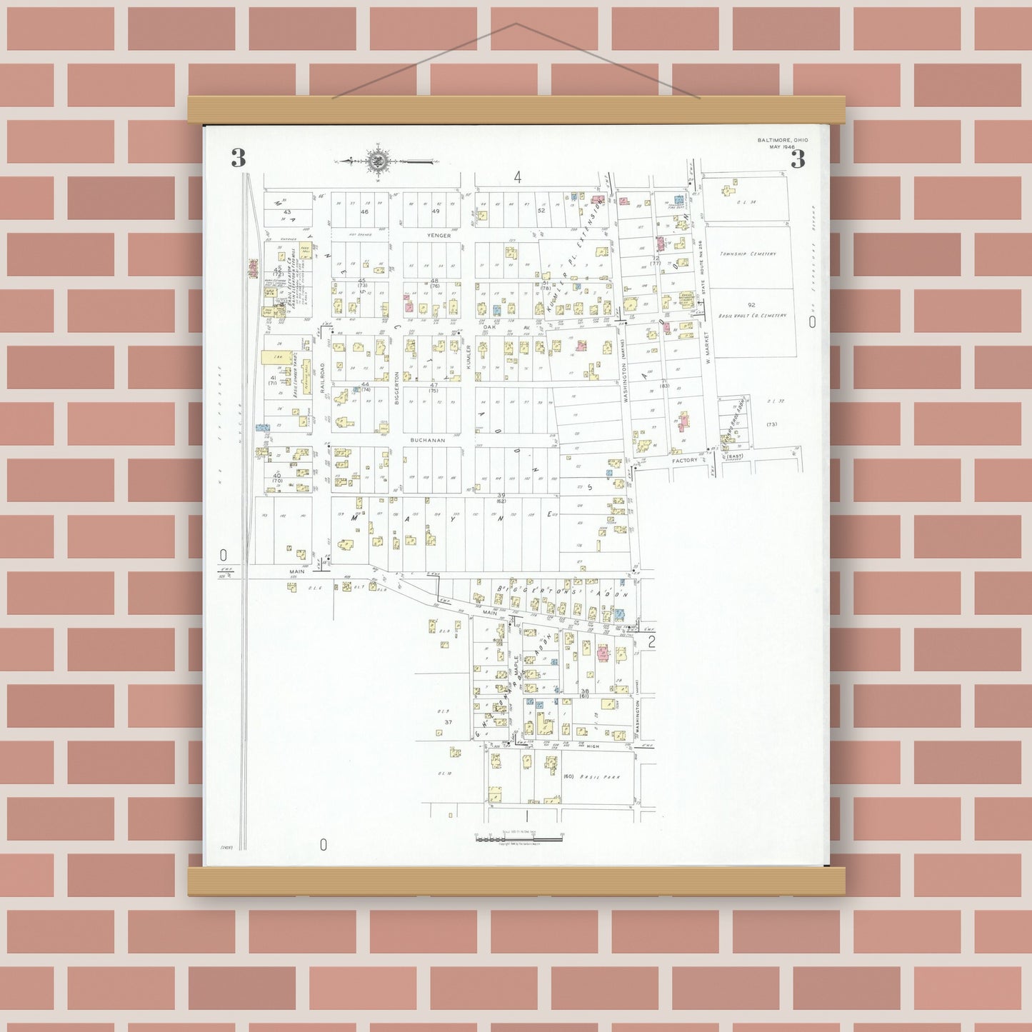 Old map wall art mockup — magnetic wood frame on brick wall — Sanborn Fire Insurance Map from Baltimore, Fairfield County, Ohio (1946), Sheet #0003