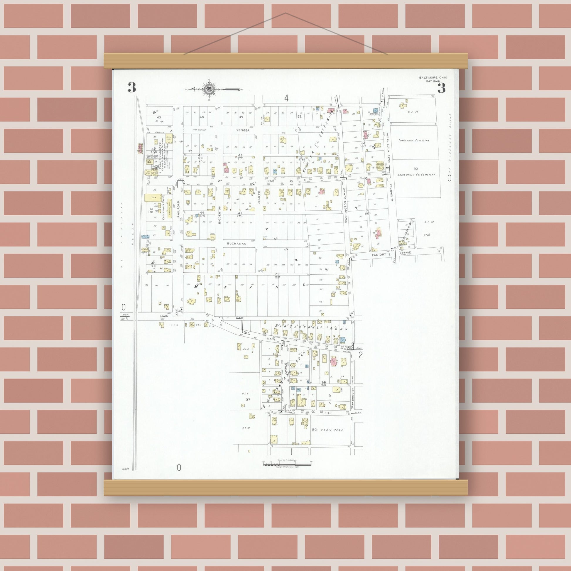 Old map wall art mockup — magnetic wood frame on brick wall — Sanborn Fire Insurance Map from Baltimore, Fairfield County, Ohio (1946), Sheet #0003