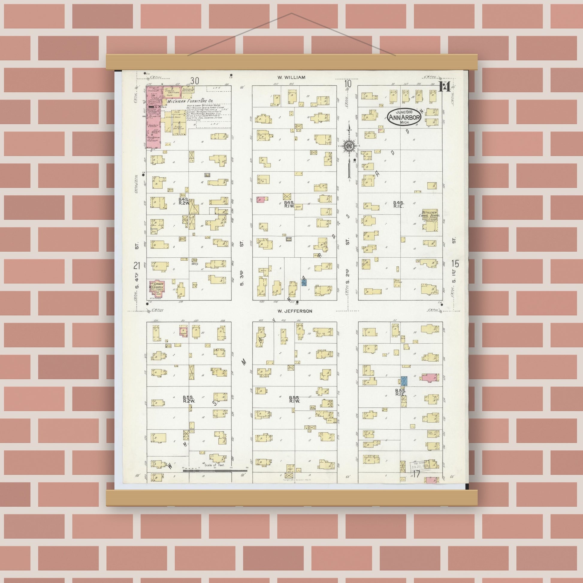 Old map wall art mockup — magnetic wood frame on brick wall — Sanborn Fire Insurance Map from Ann Arbor, Washtenaw County, Michigan (1916), Sheet #0014