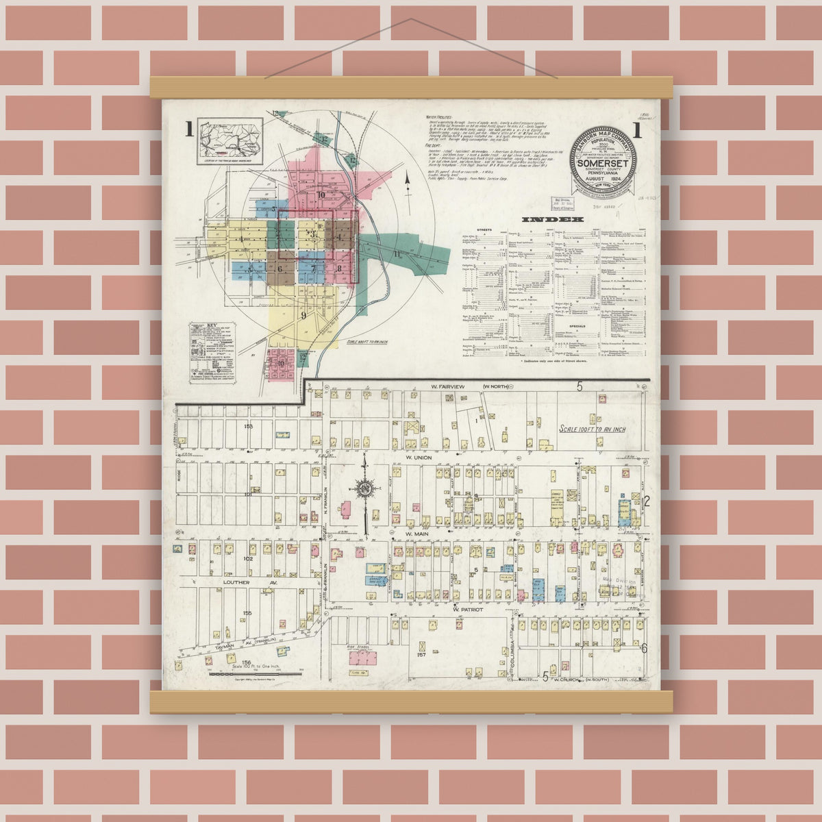 Old map wall art mockup — magnetic wood frame on brick wall — Sanborn Fire Insurance Map from Somerset, Somerset County, Pennsylvania (1924) - Complete Map Set
