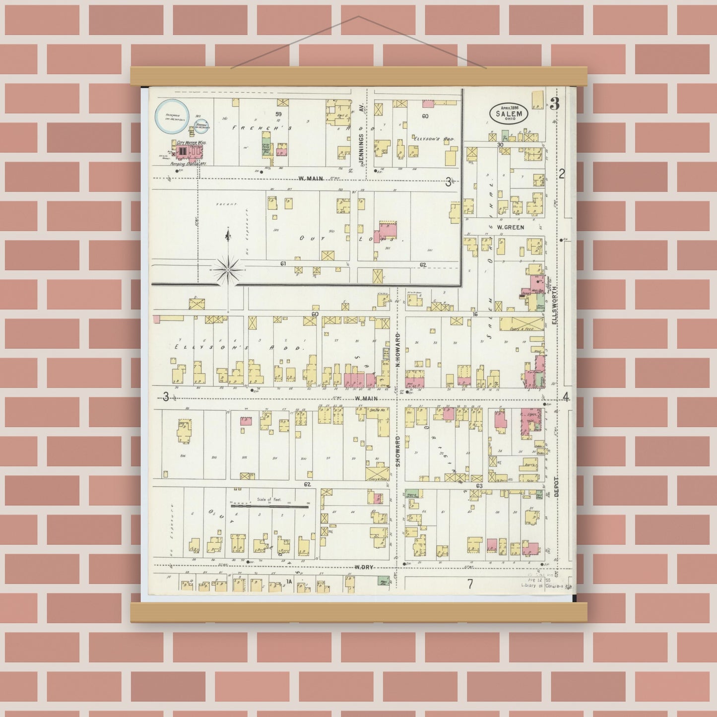 Old map wall art mockup — magnetic wood frame on brick wall — Sanborn Fire Insurance Map from Salem, Columbiana County, Ohio (1898), Sheet #0003