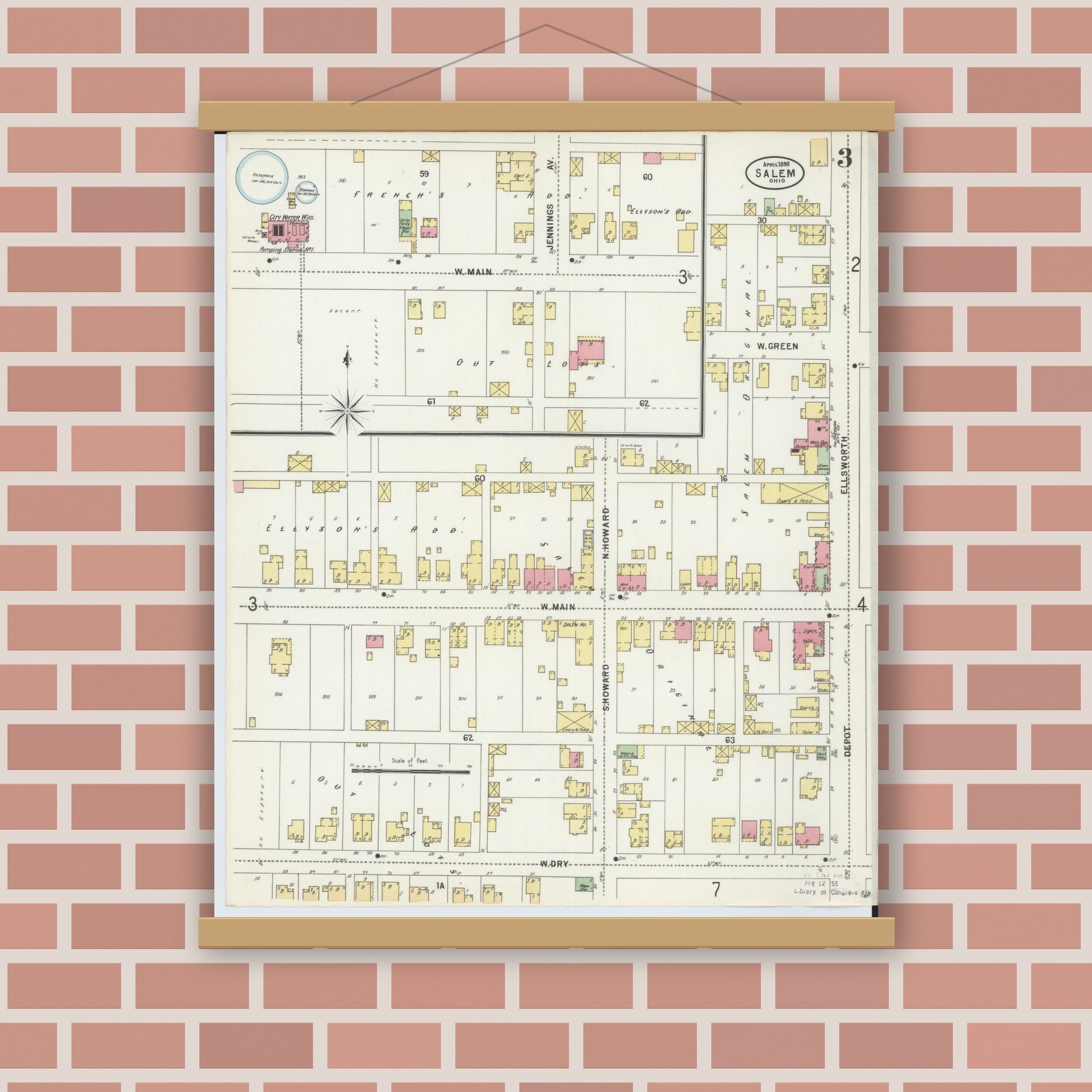 Old map wall art mockup — magnetic wood frame on brick wall — Sanborn Fire Insurance Map from Salem, Columbiana County, Ohio (1898), Sheet #0003